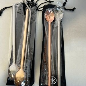 Pampered Chef Bundle Stainless Steel Metal Spoons & Straw bag cleaning brush